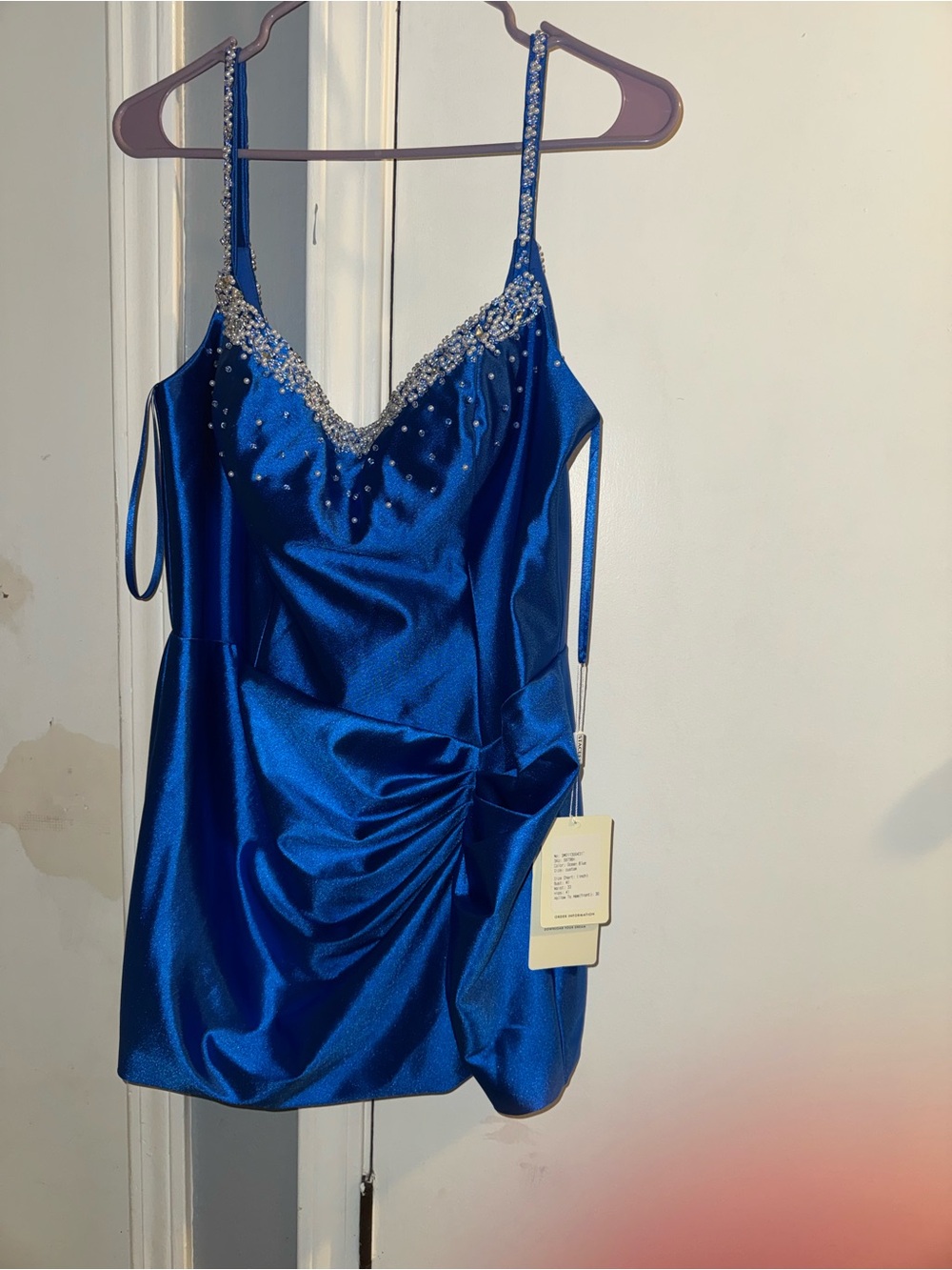Royal Blue Satin Dress with Crystal Beaded Neckline